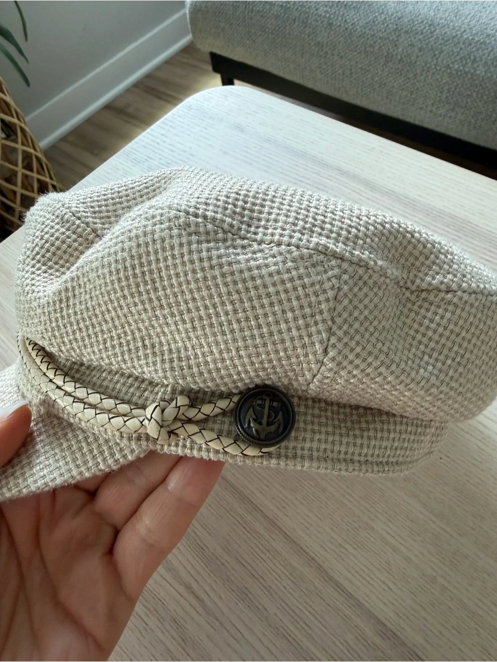 Beige Textured Cap with Braided Trim